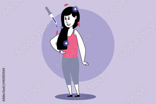 Cheerful individual standing confidently, adorned with vibrant flowers in her hair, holding dropper. Essence of beauty ritual concept