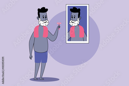 Man preparing for grooming in colorful bathroom, holding razor with towel draped around his neck. Man focused on his reflection in mirror, ready to enhance his appearance