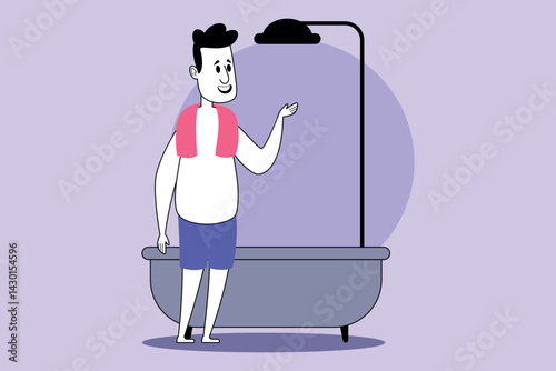 Young man standing beside tub, smiling and ready to enjoy bath. Man wearing towel over his shoulders and shorts, exuding sense of fun and relaxation during leisure time