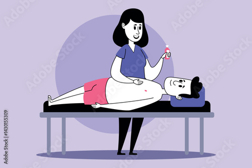 Skilled practitioner providing soothing treatment to client at spa, promoting relaxation and well-being with various skincare techniques on massage table