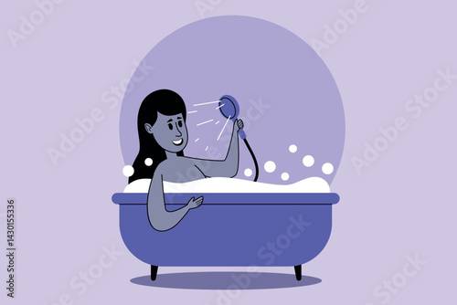 Person enjoying relaxing bubble bath, smiling while holding showerhead. Self-care concept