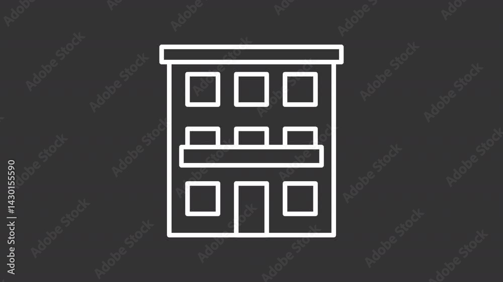 Condominium white line animation. Apartments animated icon. Building details showing up. Opening doors. Residence, estate. Isolated element on dark background. Alpha transparent video Condominium white line animation. Apartments animated icon. Building details showing up. Opening doors. Residence, estate. Isolated element on dark background. Alpha transparent video