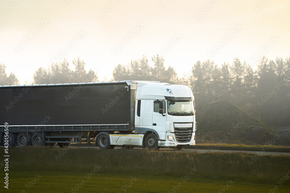 Transport truck driving past trees