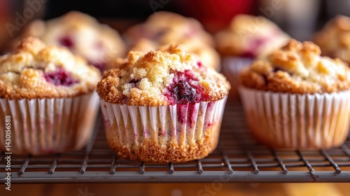 A close-up of a raspberry muffin with a crumble topping, sitting on a wire rack with other muffins in the background.