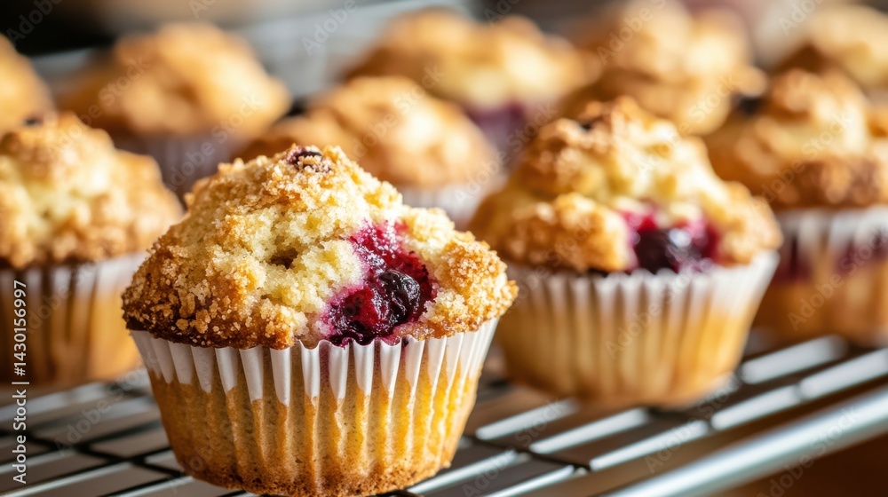 A close-up of a raspberry muffin with a crumble topping, sitting on a wire rack with other muffins in the background. A close-up of a raspberry muffin with a crumble topping, sitting on a wire rack with other muffins in the background.