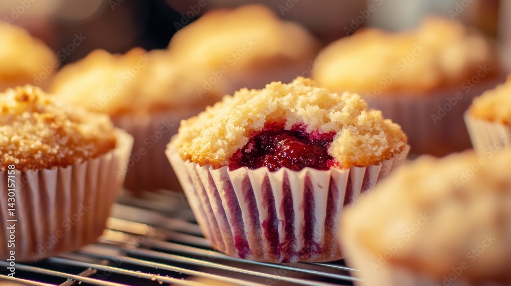 A close-up of a raspberry muffin with a crumble topping, sitting on a wire rack with other muffins in the background. A close-up of a raspberry muffin with a crumble topping, sitting on a wire rack with other muffins in the background.