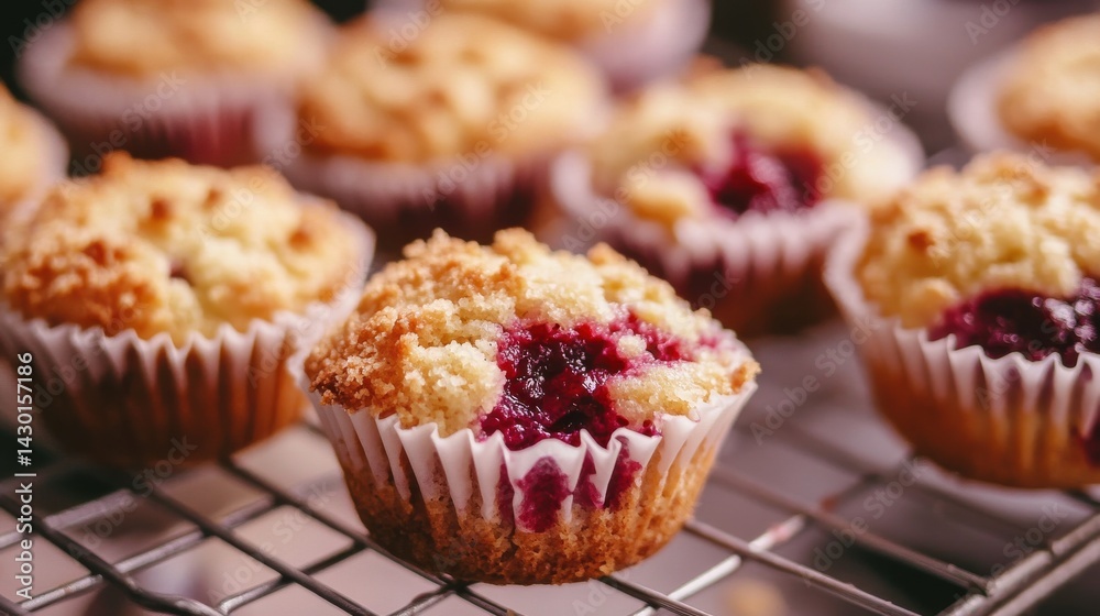 A close-up of a raspberry muffin with a crumble topping, sitting on a wire rack with other muffins in the background. A close-up of a raspberry muffin with a crumble topping, sitting on a wire rack with other muffins in the background.