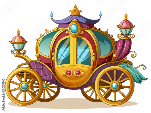 A high-quality vector of a fairytale carriage with golden wheels and crystal windows, isolated on a white background