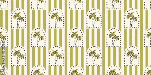 Seamless pattern with freehand ink doodle abstract palm trees in arc frame. Trendy tropical block print vertical stripe background. Hand drawn vector illustration. Boho, beach, jungle wallpaper.