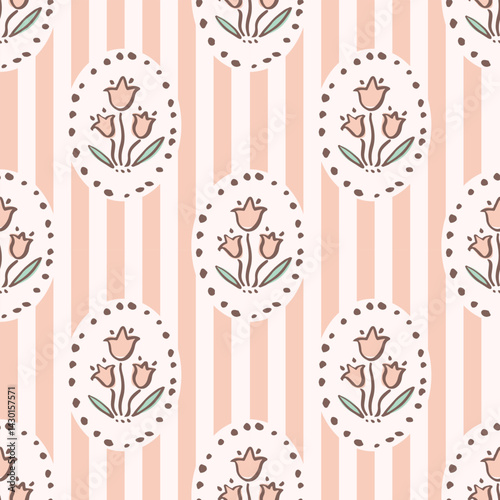 Hand drawn floral block print stripe seamless pattern. Trendy retro pink bluebell in oval frame botanical vector background. Boho, beach, Indian traditional textile design.