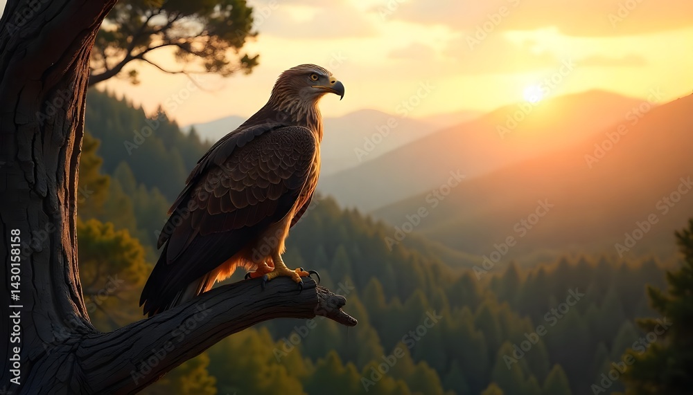 Fototapeta premium Eagle Perched on Branch at Sunset Over Mountains