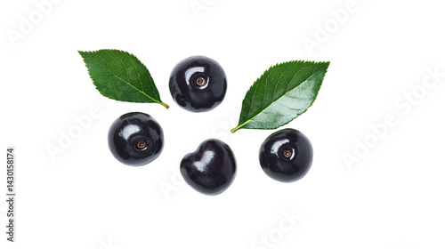 Dark Purple Acai Berries and Green Leaves on Transparent Background, PNG