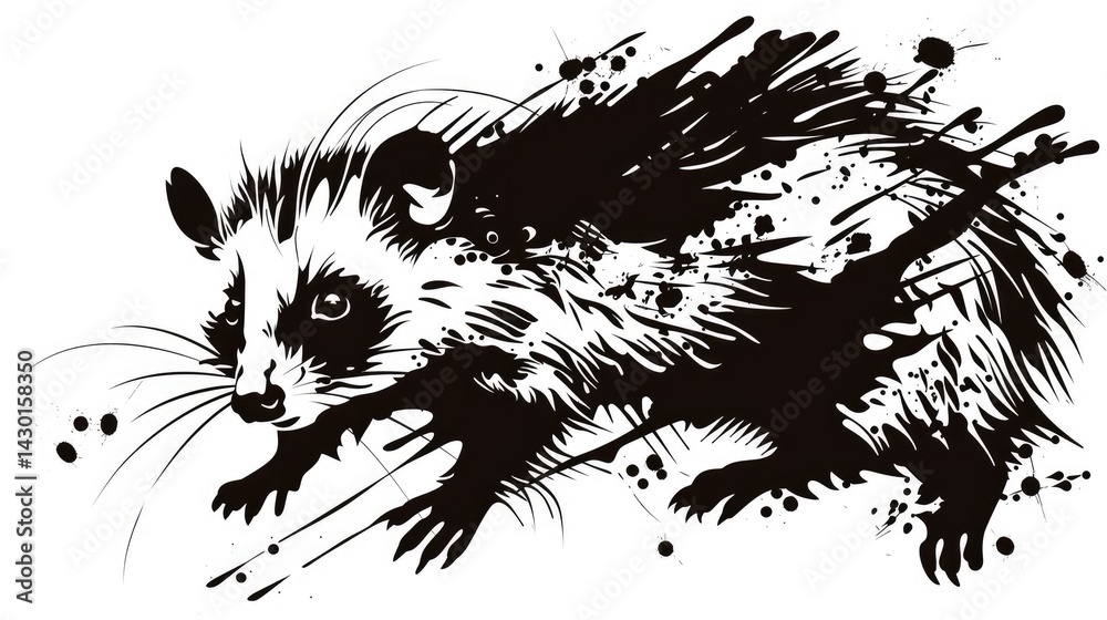 Obraz premium A tattoo stencil design of a trash possum, high contrast, ready to apply, in following tattoo style: trash polka style