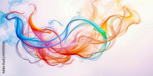 Abstract flowing ribbons of color gracefully intertwine and dance against a soft white background,