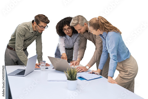 Four business professionals using laptop on desk discussing strategy company on a transparent background