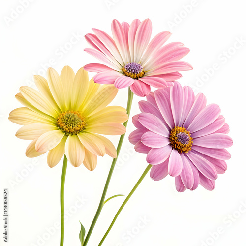 Bright and cheerful daisy flowers on white background perfect for spring nature