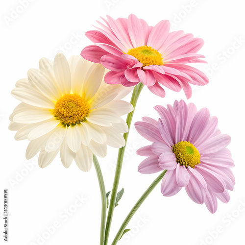 Bright and cheerful daisy flowers on white background perfect for spring nature