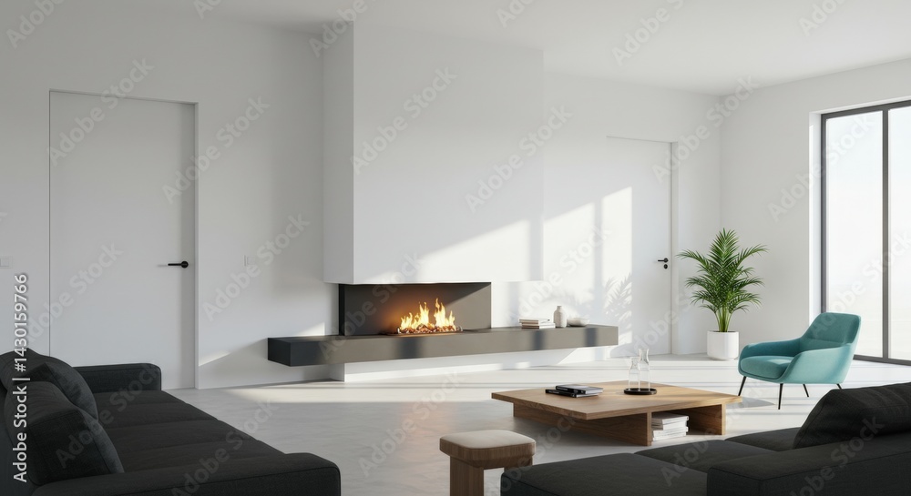 Fototapeta premium Modern Minimalist Living Room with Luxurious Fireplace and Natural Light in a Contemporary Open Space Design