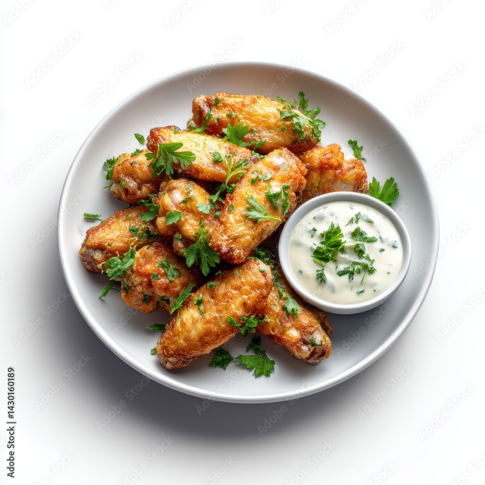 Plate of chicken wings with dipping sauce and parsley garnish Plate of chicken wings with dipping sauce and parsley garnish