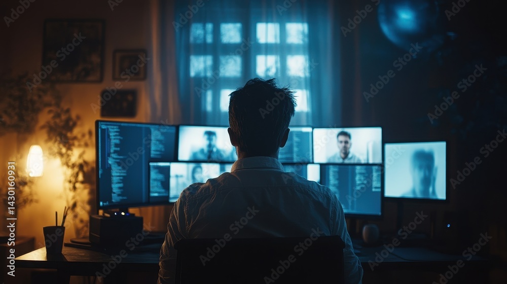Man looks at multiple screens with video conference in dark room. Suitable for illustrating remote work, global communication, or surveillance. Man looks at multiple screens with video conference in dark room. Suitable for illustrating remote work, global communication, or surveillance.