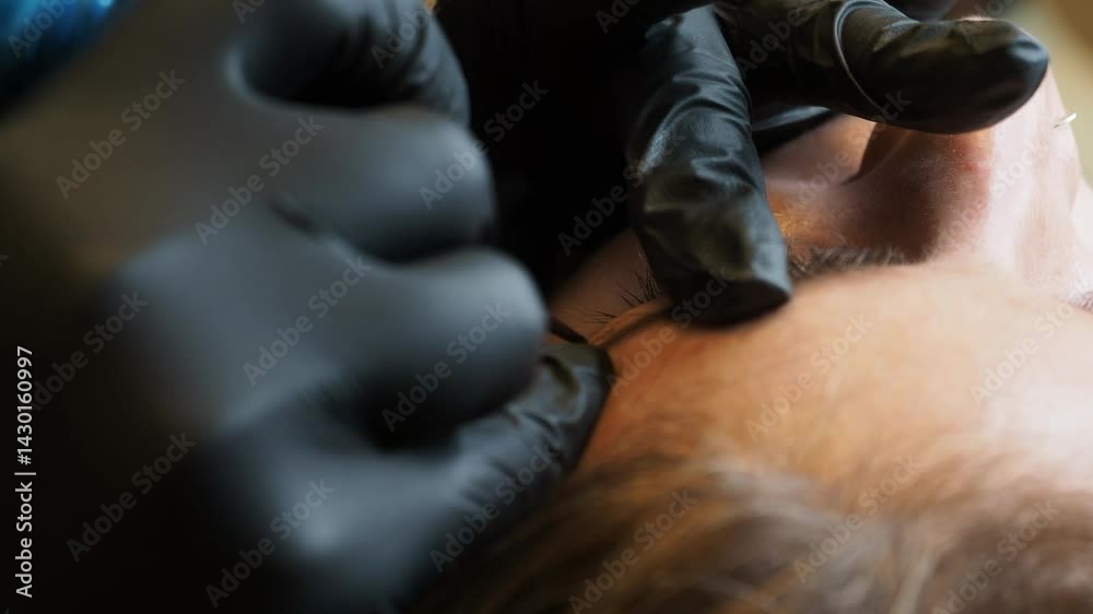Gloved fingers pull the skin near the brow while a tool shapes the eyebrow, showing precise control and client skin texture in this slow motion extreme close-up. Gloved fingers pull the skin near the brow while a tool shapes the eyebrow, showing precise control and client skin texture in this slow motion extreme close-up.