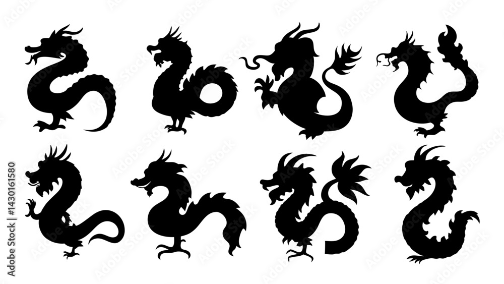 Obraz premium set of chinese dragon silhouette vector on white background