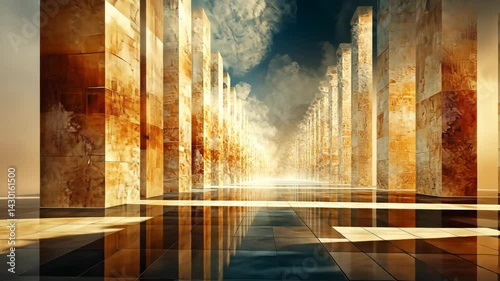 Desert Corridor Stone columns cast warm light. Sky meets corridor end