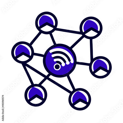 IoT network graphic illustration with interconnected nodes and wireless signal symbol, digital technology concept