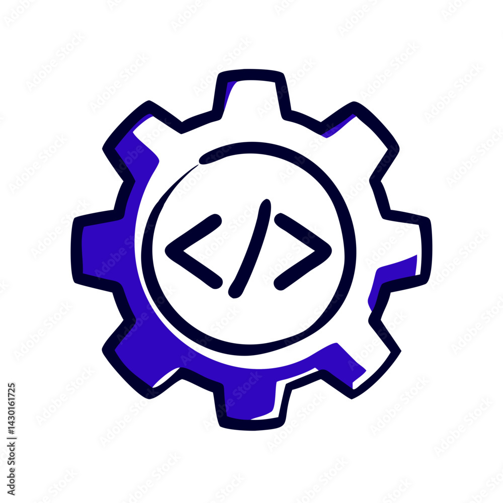 Gear icon with coding brackets symbolizing technology and engineering concepts