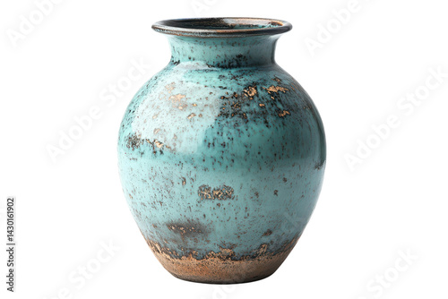 A stunning teal ceramic vase showcasing a unique rustic texture and aged patina with subtle gold flecks adding vintage charm against a on transparent background