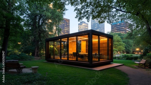 A modern office pod stands out in a quiet park, framed by lush trees and distant skyscrapers, showcasing innovative workspace design in a tranquil environment