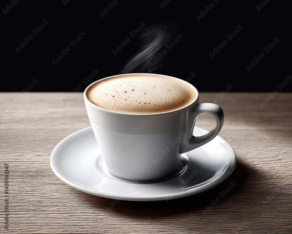 Obraz premium Close-up of a steaming espresso in a ceramic cup, placed on a rustic wooden table, warm morning sunlight filtering in, cozy cafe ambiance, shallow depth of field, textured surface, editorial food