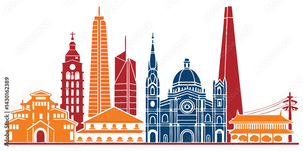 Ho Chi Minh City skyline silhouette vector featuring Bitexco Financial Tower, Landmark 81, Notre-Dame Cathedral Basilica, and Ben Thanh Market. Ho Chi Minh City skyline silhouette vector featuring Bitexco Financial Tower, Landmark 81, Notre-Dame Cathedral Basilica, and Ben Thanh Market.