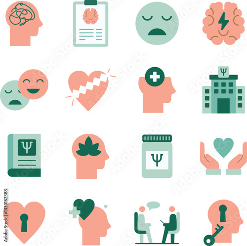 Mental Health illustration set. Includes of health, brain, mind, calm, peace, wellness, therapy, support, and More. Vector flat color collection