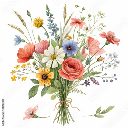 watercolor wildflower bouquet illustrations with vibrant blooms on white background