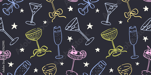 Seamless pattern with various alcohol drinks and stars. Hand drawn ink vector illustration. Elements for poster, social media, banners, invitation. Trendy coquette core template.  