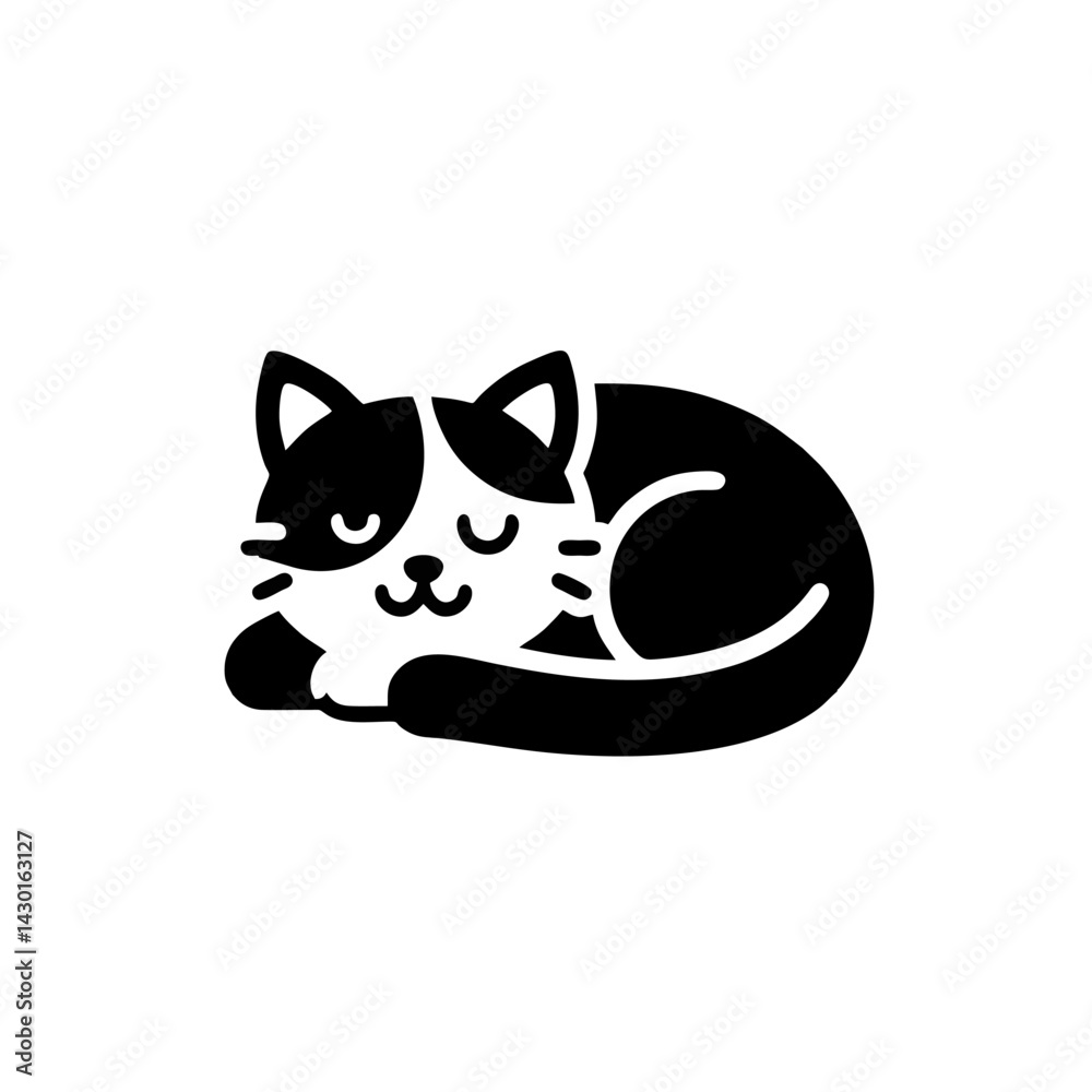 Silhouette Sleeping Cat Logo With Closed Eyes and Curled Tail, Monochrome Vector Illustration Silhouette Sleeping Cat Logo With Closed Eyes and Curled Tail, Monochrome Vector Illustration