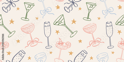 Seamless pattern with various alcohol drinks and stars. Hand drawn ink vector illustration. Elements for poster, social media, banners, invitation. Trendy coquette core template.  