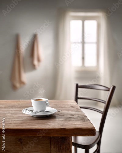 Wallpaper Mural Simple close-up of espresso cup with steam, vintage wooden table setting, morning calm, soft natural window light, warm cozy tone, storytelling composition Torontodigital.ca