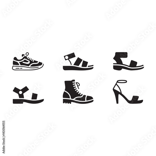 A fashionable footwear vector illustration showcases a stylish set of high-heeled shoes and boots silhouette collection
