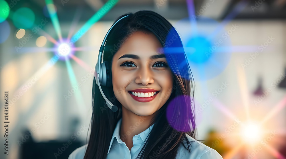 Obraz premium Young Female Call Center Agent Wearing Headset and Smiling – Customer Support Professional