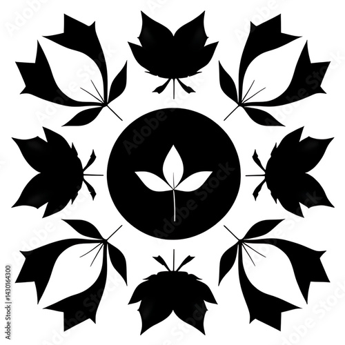 A collection of black leaf silhouettes of various shapes, including oval, heart-shaped, and jagged edges, all against a white background