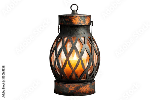 A rustic metal lantern glows warmly casting a comforting light perfect for autumn evenings or cozy nights detailed design against black on transparent background