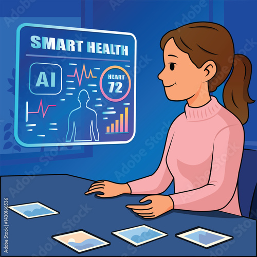 Woman interacting with smart health AI dashboard vector illustration