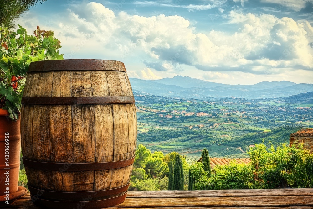 Fototapeta premium Rustic wooden wine barrel framed by Tuscan landscape view.