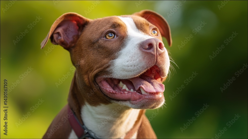 Joyful Brown and White Pit Bull Terrier Head and Shoulders Portrait with Big Smile,Blurred Green Park Background, Showing Friendliness and Vitality for Pets and Animal Themes Joyful Brown and White Pit Bull Terrier Head and Shoulders Portrait with Big Smile,Blurred Green Park Background, Showing Friendliness and Vitality for Pets and Animal Themes