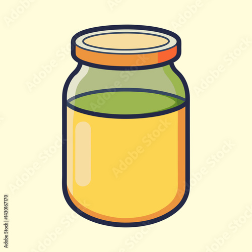 Cartoon Jar of Yellow Liquid with Green Layer on Creamy Background