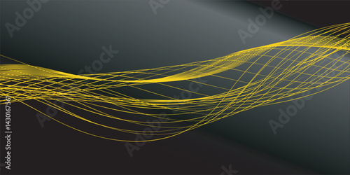 Gold abstract waves, golden line landscape vector illustration isolated on black background. Luxury glitter shiny swirls pattern. Elegant modern design element.
