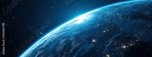 A breathtaking view of Earth from space, highlighting its curvature and city lights at night.