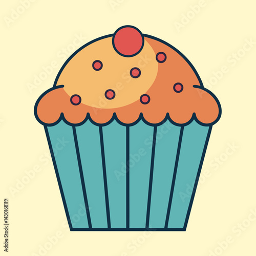 A brightly colored and whimsically designed cupcake illustration on a pale background